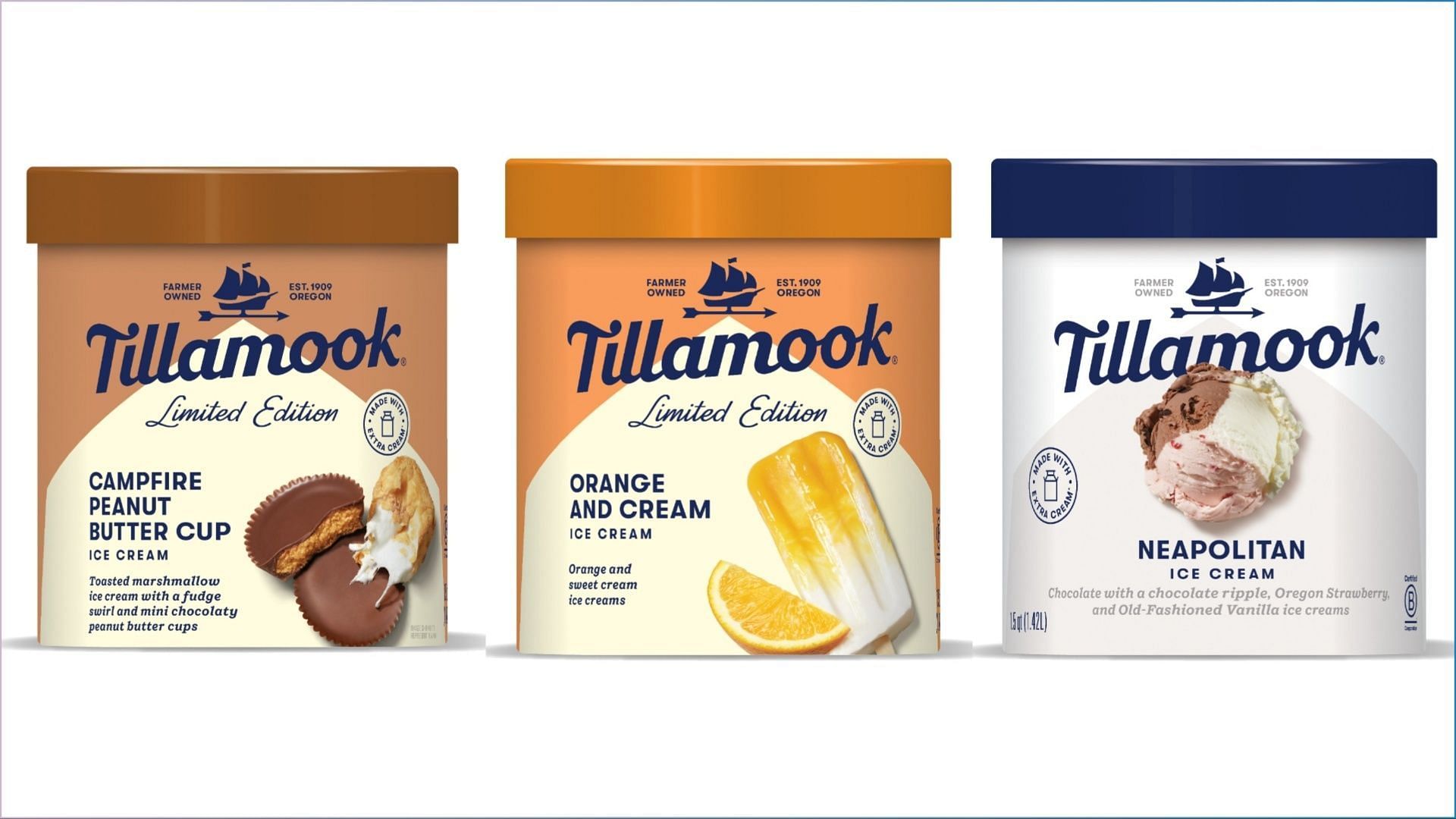 The three new Premium Ice Cream flavors will be available at major retailers across the United States for a limited time (Image via Tillamook County Creamery Association)