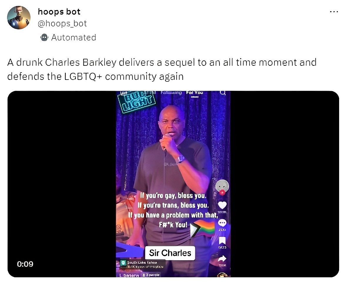 Charles Barkley encourages the audience to drink Bud Light.