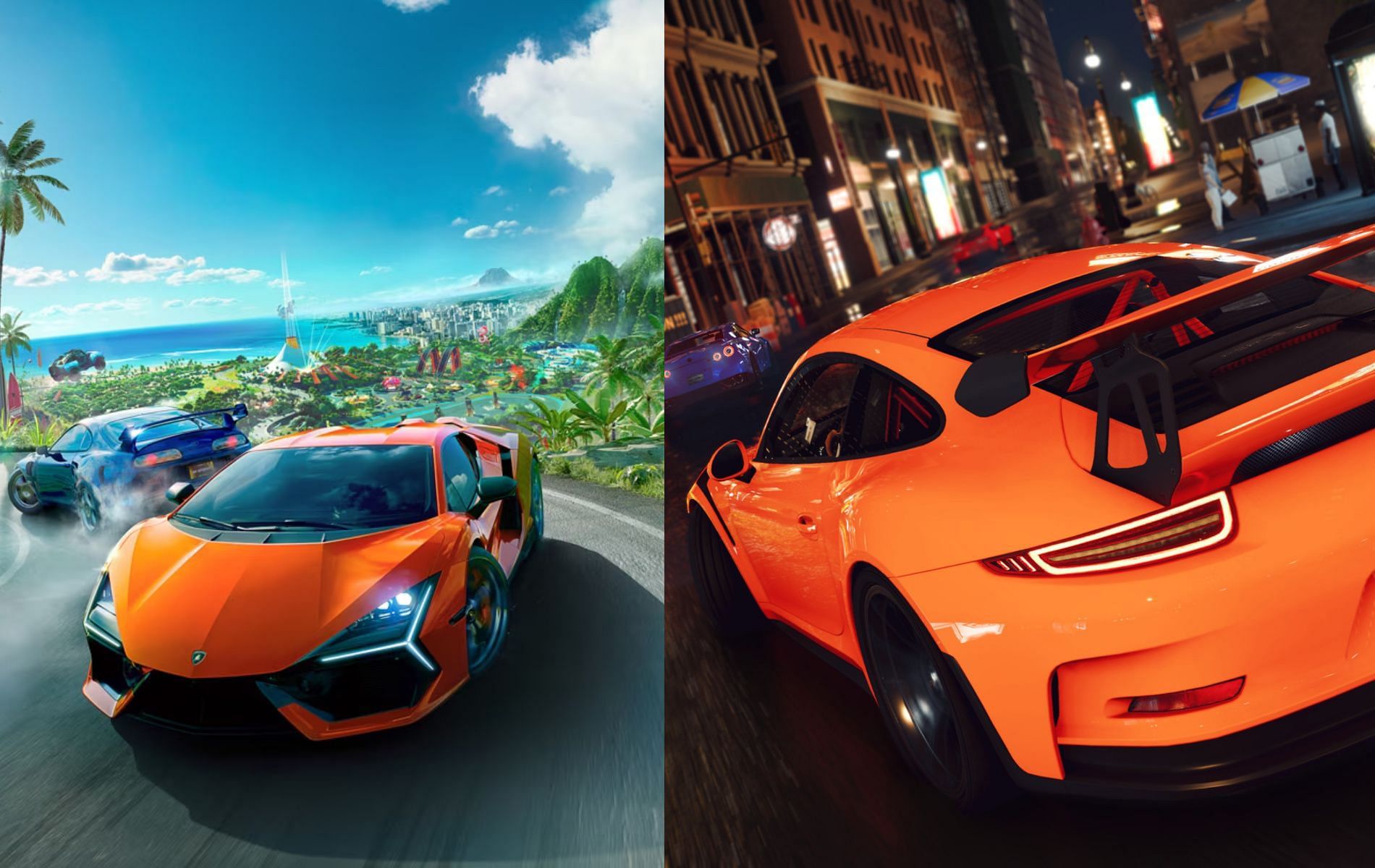 Official art and promotional screenshot for The Crew Motorfest and The Crew 2 respectively