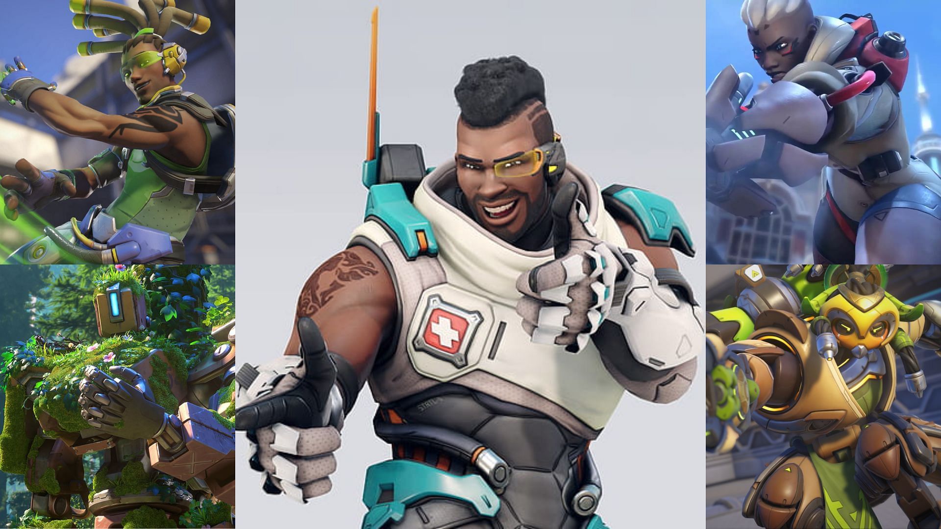 Team comp with Orisa, Sojourn, Bastion, Baptiste, and Lucio (Image via Blizzard Entertainment &amp; Sportskeeda)