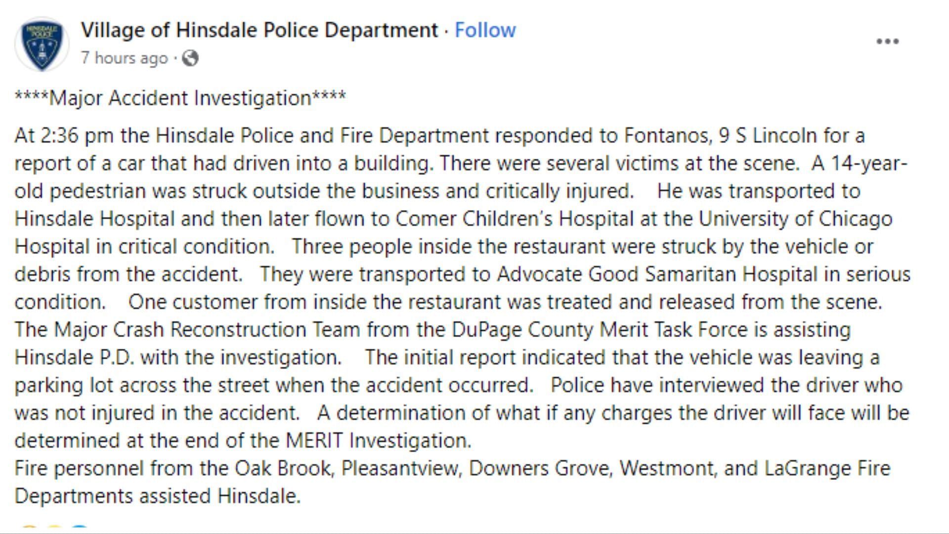 The incident shocked the small Chicago suburb (image via Hinsdale Police/Facebook)