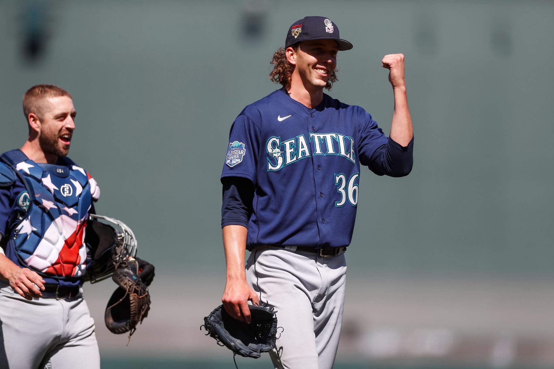 Logan Gilbert of the Seattle Mariners celebrates a complete-game shutout against the San Francisco Giants.