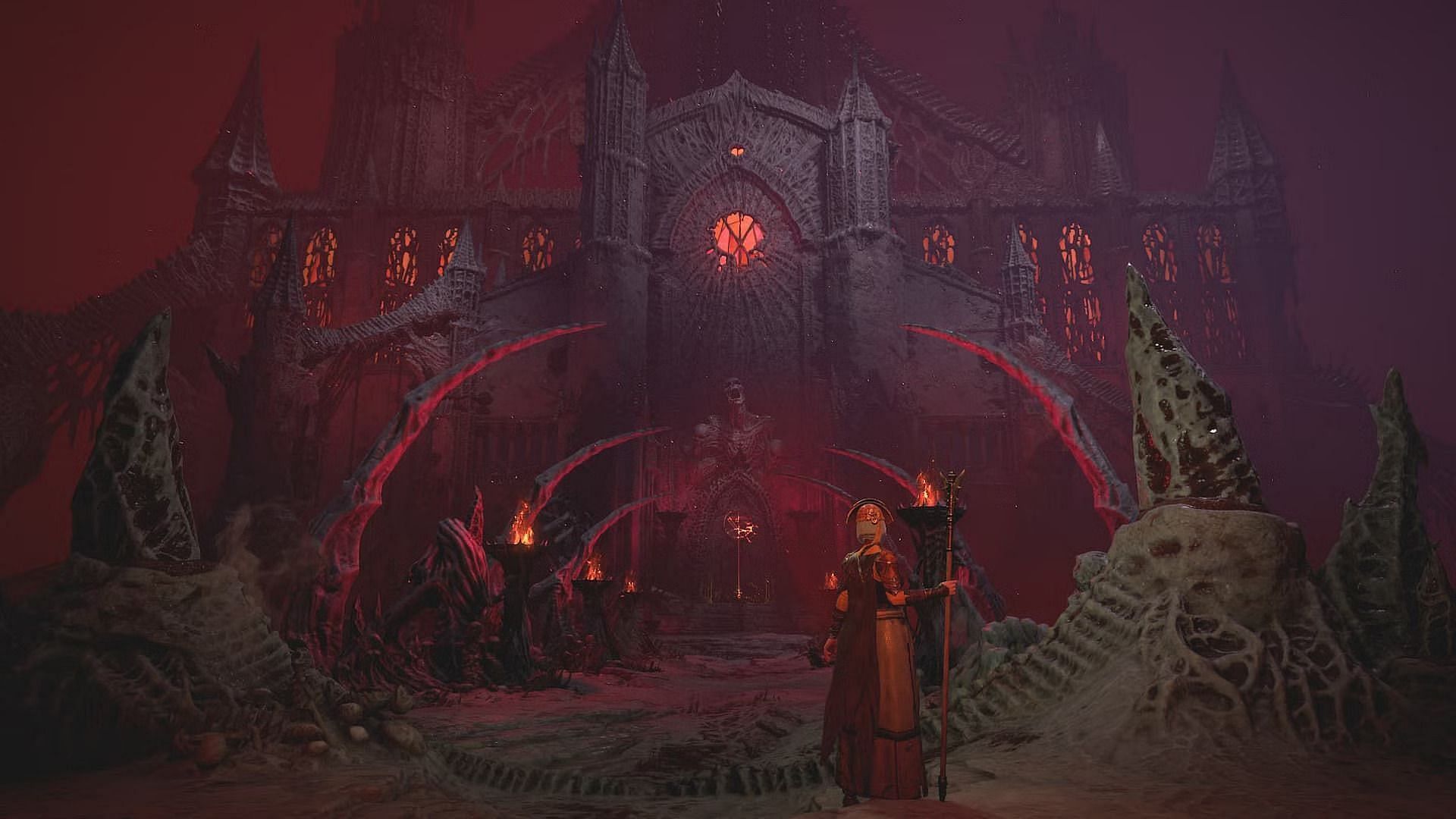 A character in Diablo 4 with a huge mansion in the background.