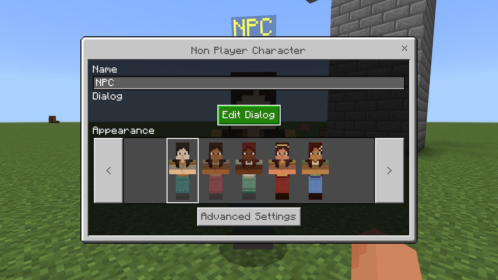 The NPC entity GUI to configure it&#039;s appearance, name, dialogue, and what the dialogue does in Minecraft Bedrock Edition (Image via Mojang)