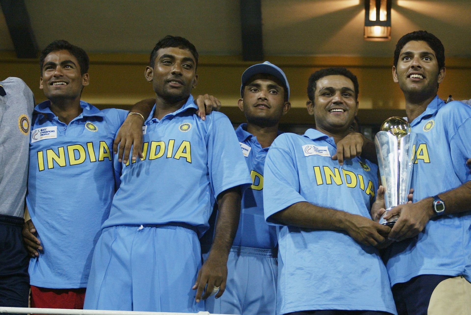 (L-R) Mohammad Kaif, Jai Prakash Yadav, Sourav Ganguly, Virender Sehwag, and Yuvraj Singh with the trophy [Getty Images]