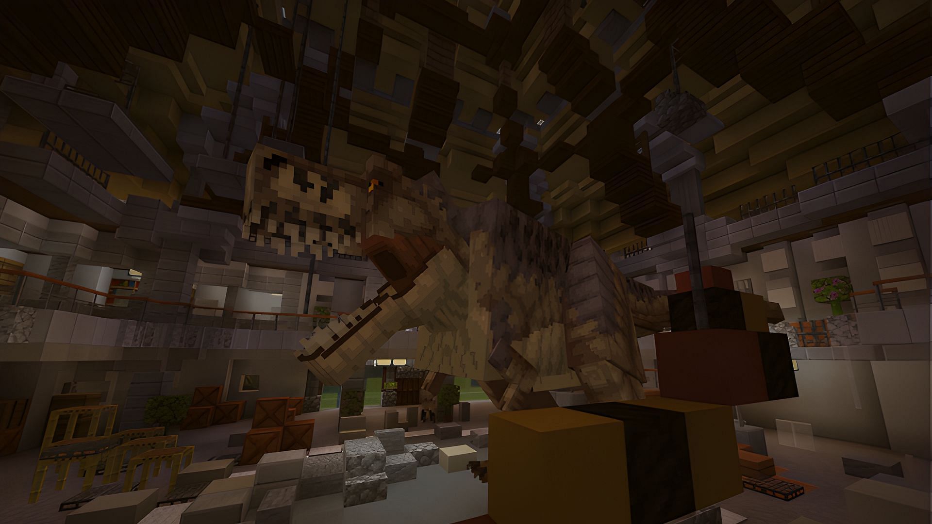 Prehistoric species like the T-Rex are provided by the Minecraft Bedrock addon The Lost World (Image via vlucid_/MCPEDL)