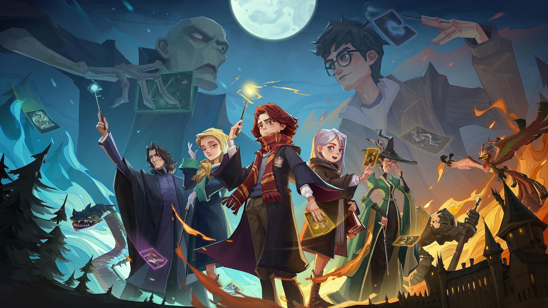 All in-game characters along with Harry Potter and Voldemort in the background.