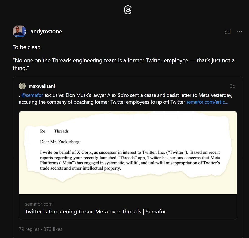 Meta&#039;s Communication Director denied the involvement of ex-Twitter staff in the development of Threads (Image via Threads App)