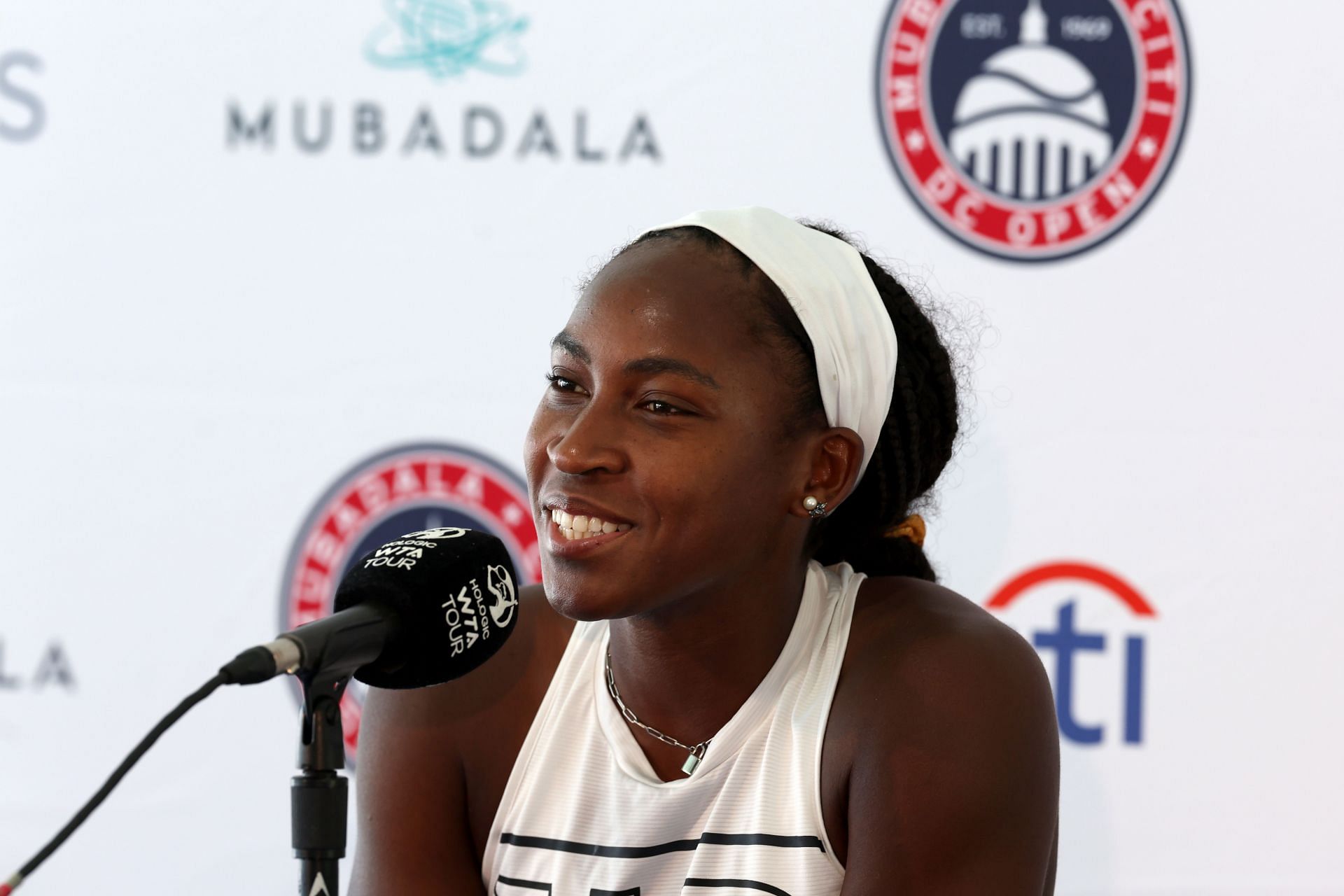 Coco Gauff speaks to the media at the Citi Open