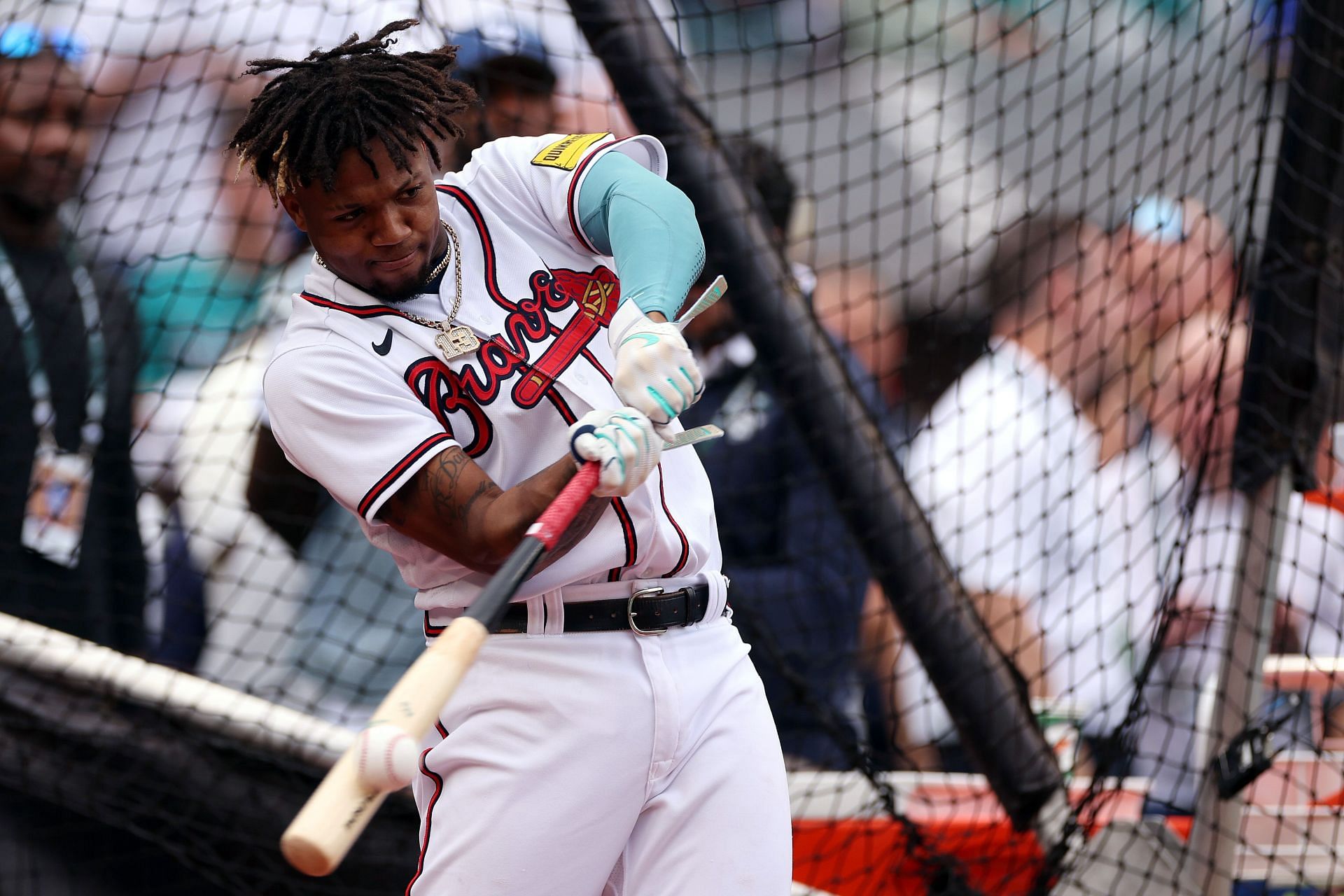Ronald Acu&ntilde;a Jr. of the Atlanta Braves bats during Gatorade All-Star Workout Day at T-Mobile Park on Monday in Seattle, Washington.