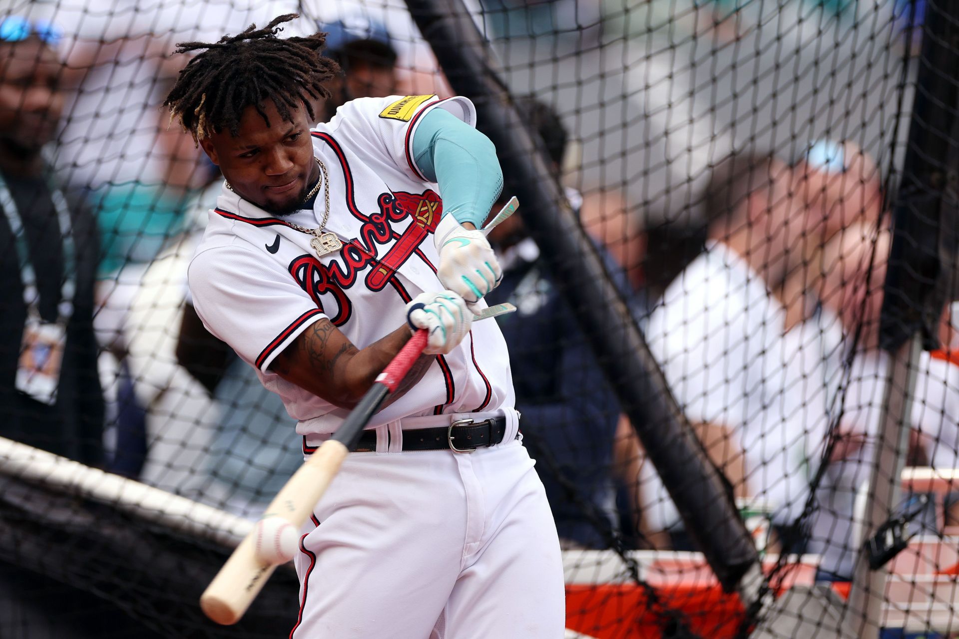 Ronald Acu&ntilde;a Jr. of the Atlanta Braves bats during Gatorade All-Star Workout Day at T-Mobile Park on Monday in Seattle, Washington.