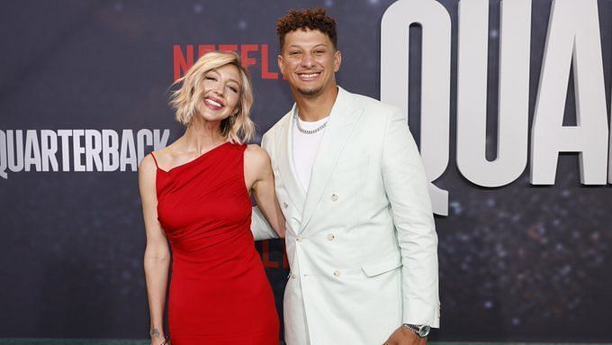 Patrick Mahomes and Travis Kelce Wear Matching Pastel Suits for  'Quarterback' Premiere