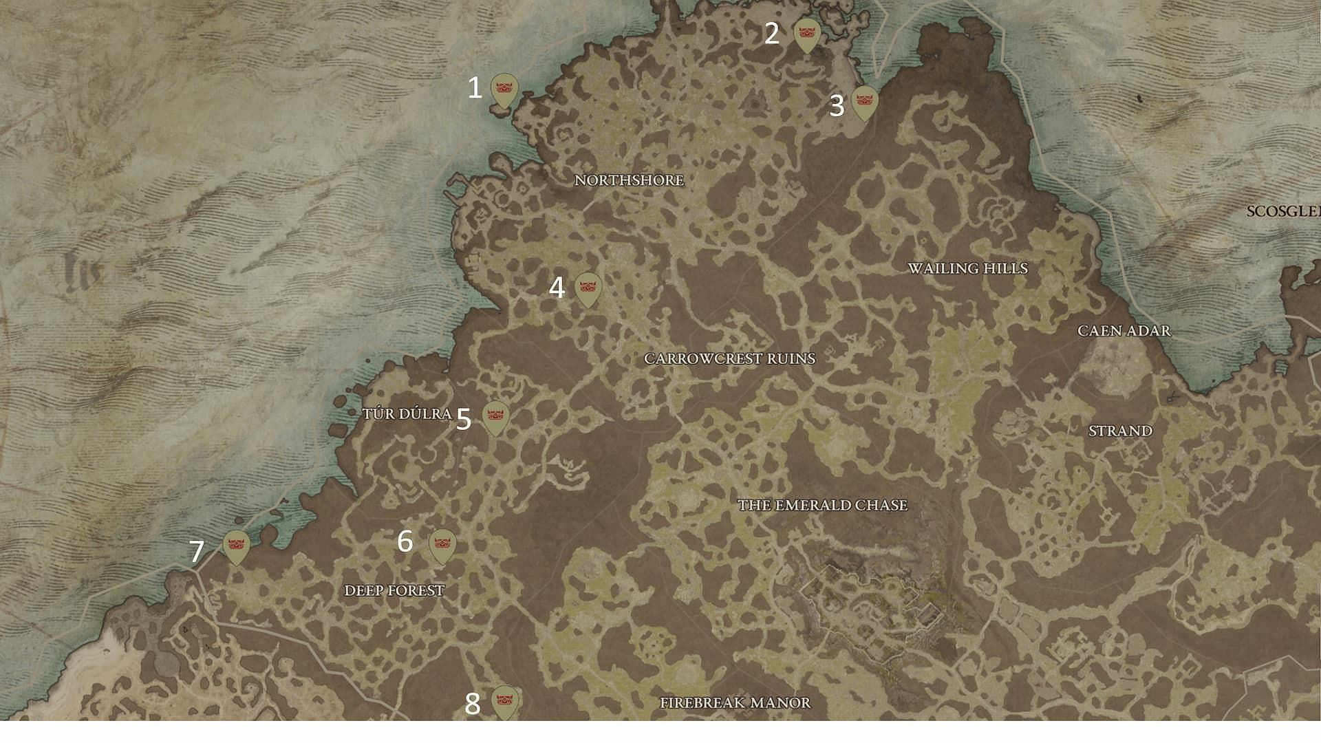 There are eight Mystery Chests spawn locations in Scosglen (Image via mapgenie.io)