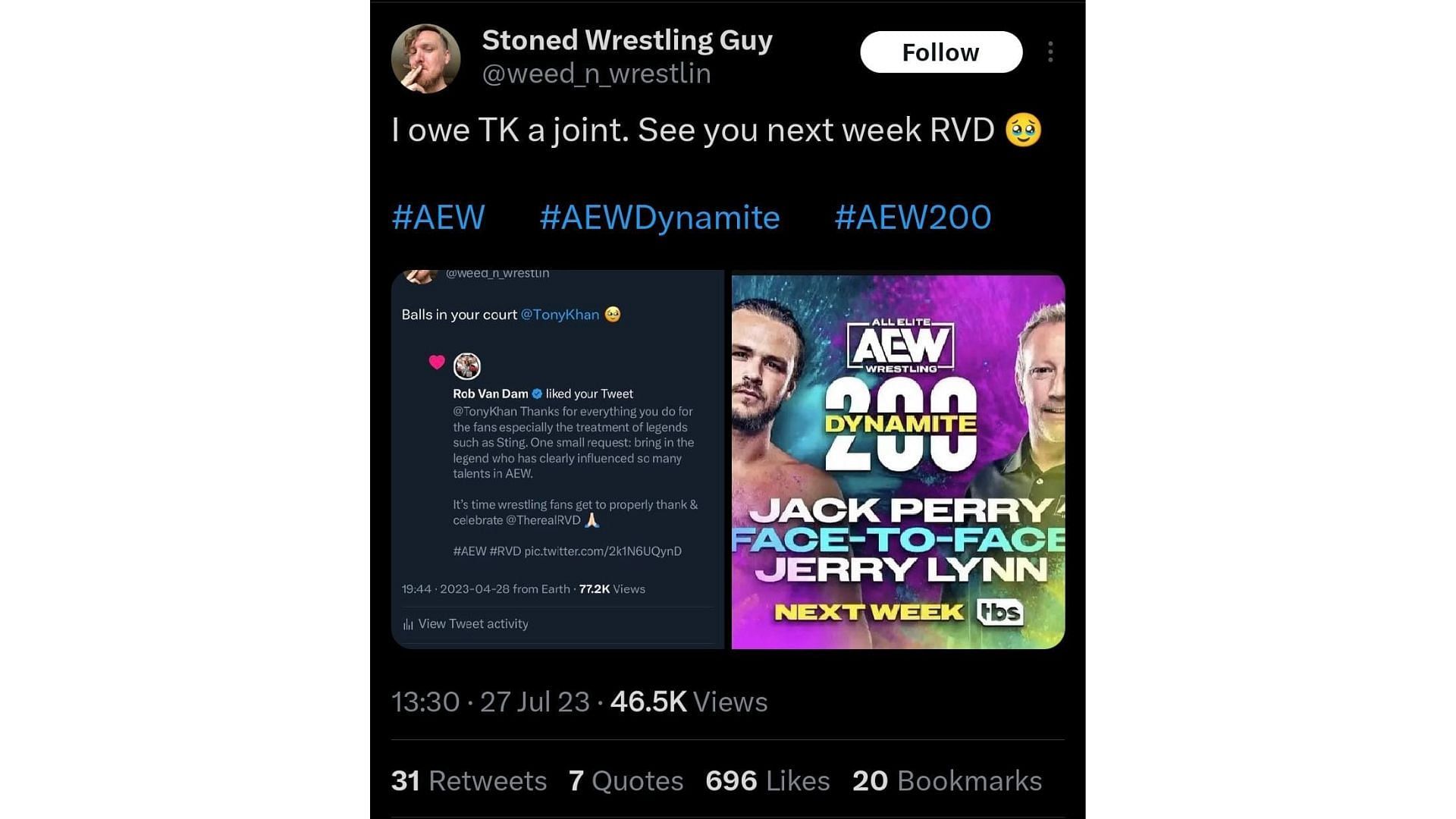 RVD liked the tweet mentioning him in regards to AEW