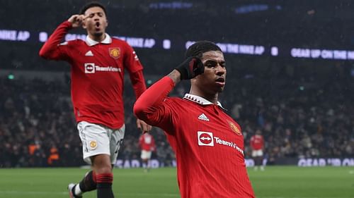 Manchester United players celebrating a goal scored by Marcus Rashford (Image via Getty)