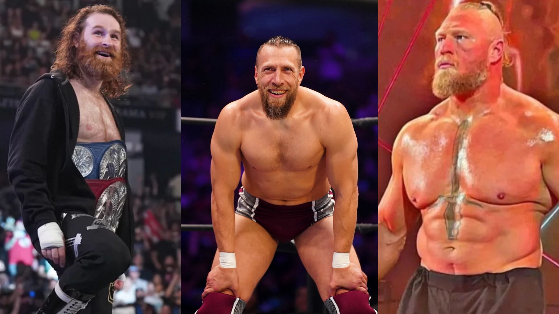 Sami Zayn (left), Bryan Danielson (middle) and Brock Lesnar (right).