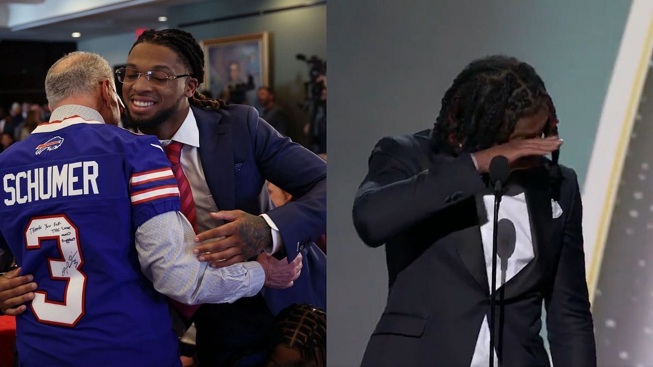 Damar Hamlin was emotional when presenting an ESPY to the people who helped him during his cardiac arrest - left image via Getty, right image via ESPN