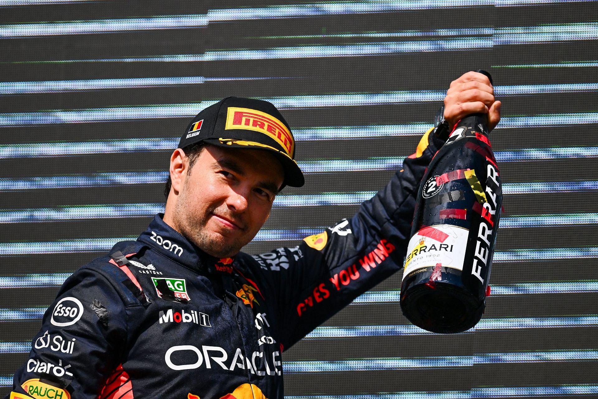 Sergio Perez on the podium for the Belgian GP