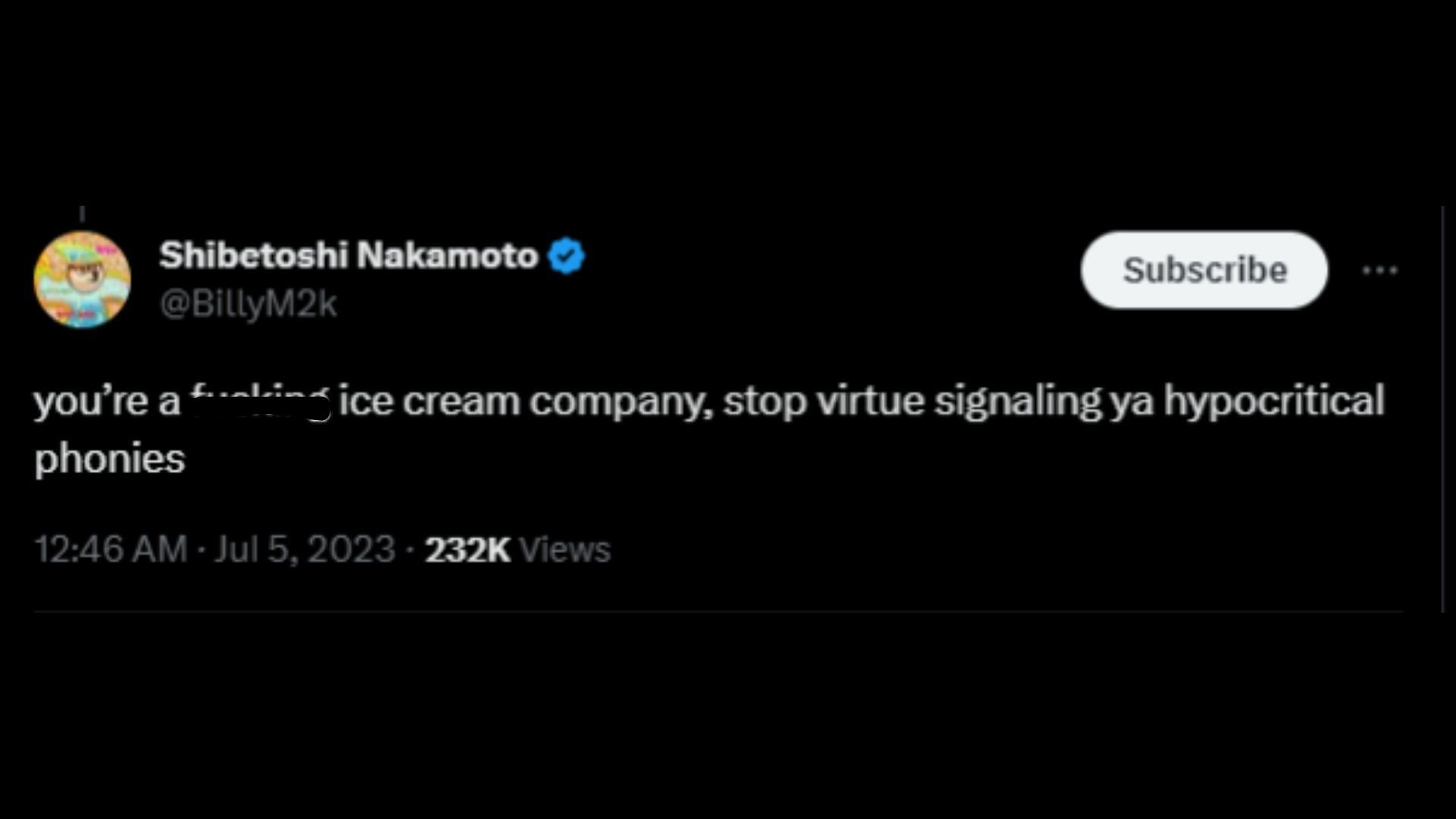 Screenshot of a Twitter user remarking on the ice cream company&#039;s controversial Fourth of July post. (Photo via @benandjerrys/Twitter)