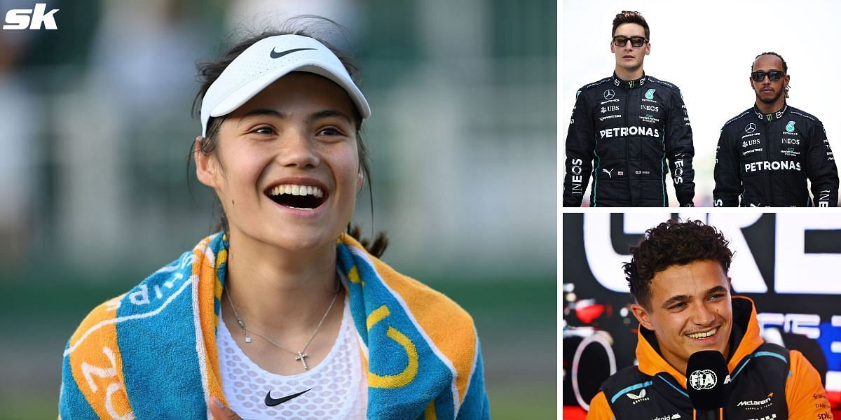 Emma Raducanu celebrates Lewis Hamilton, George Russell, and Lando Norris