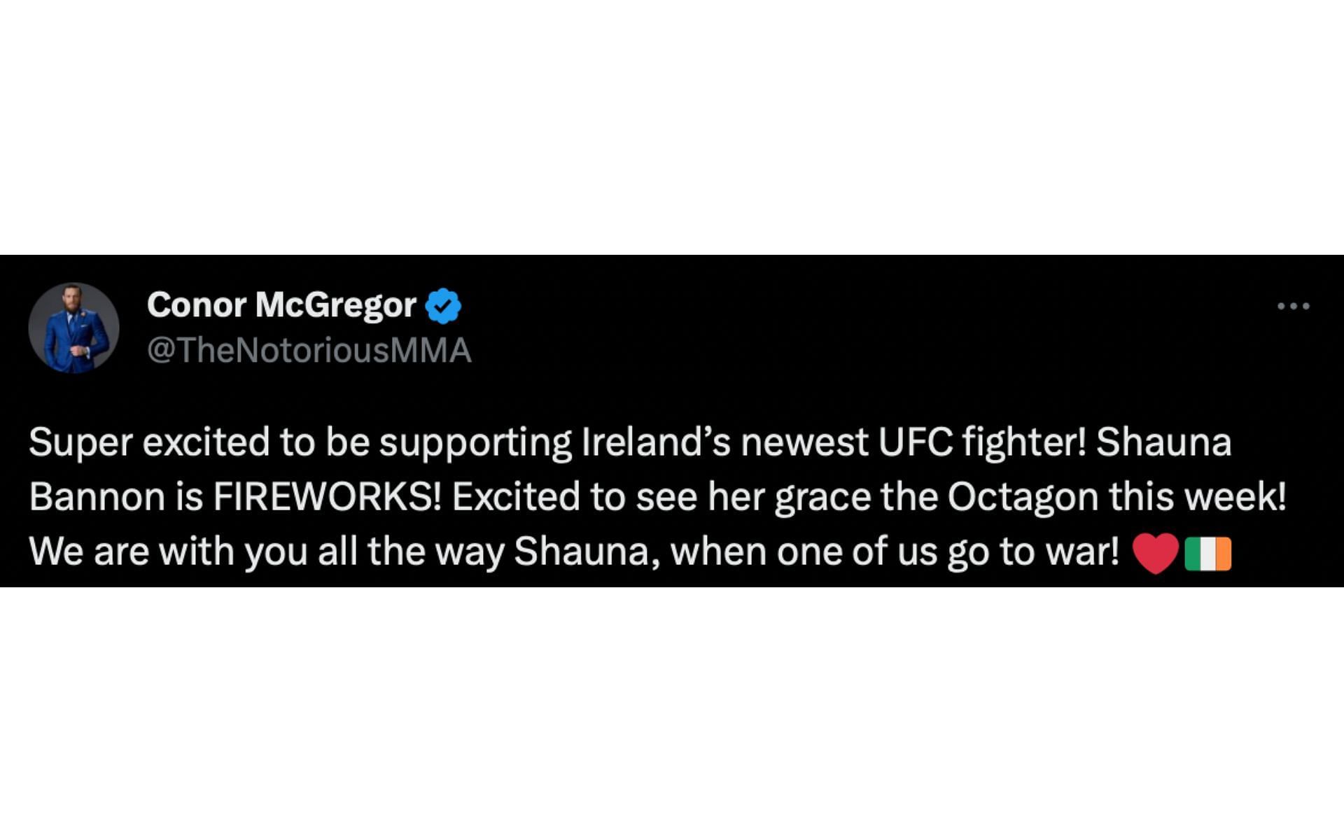 Conor McGregor&#039;s tweet in support of Shauna Bannon. [via Twitter @TheNotoriousMMA]