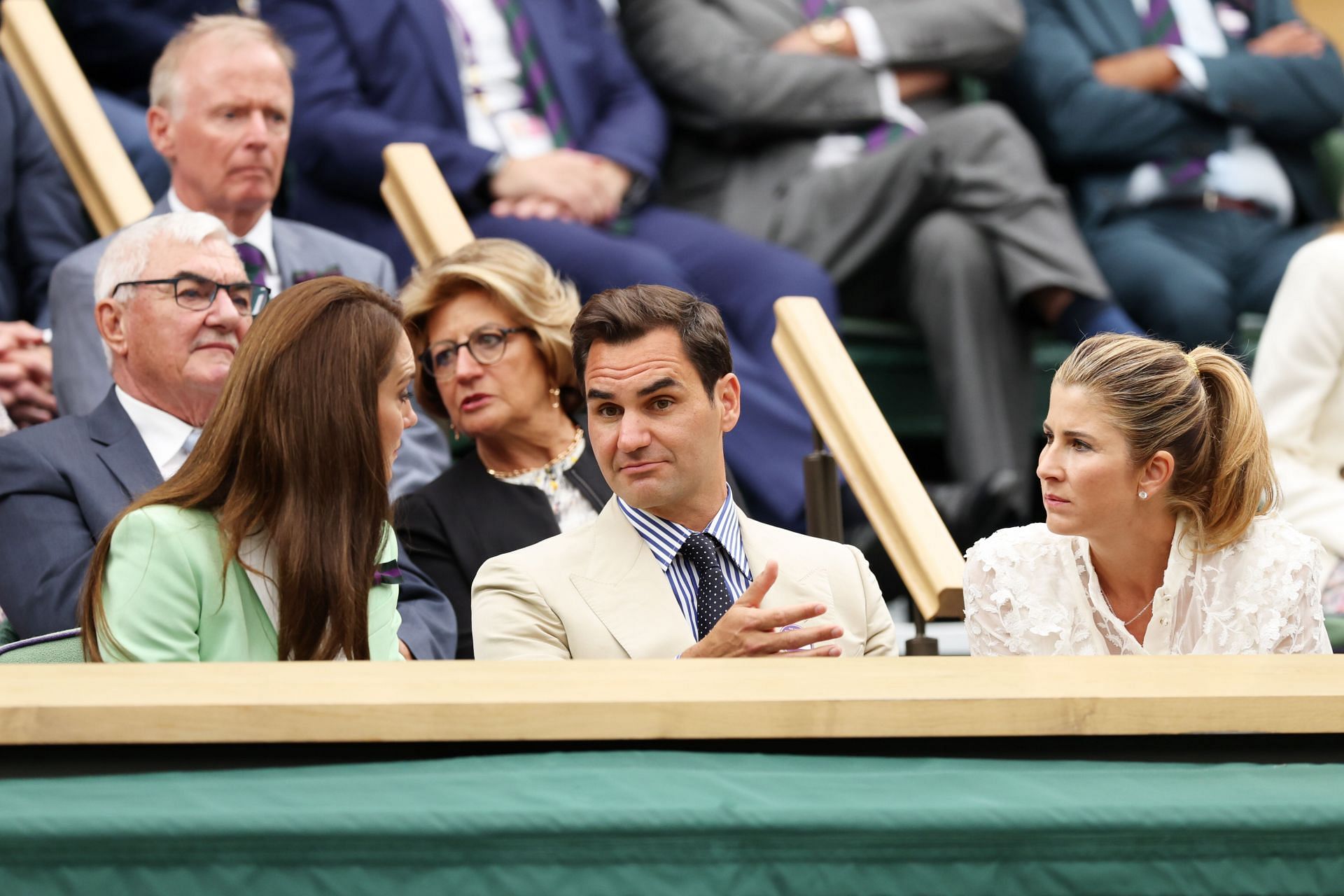 Princess of Wales,Kate Middleton(left), Roger Federer(center) and Mirka Federer(right) at the 2023 Wimbledon