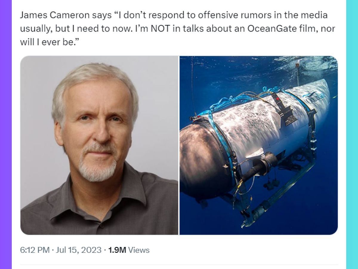 A still of the news of James Cameron clearing out the rumors about the potential OceanGate movie shared by DiscussingFilm (Image Via Twitter)