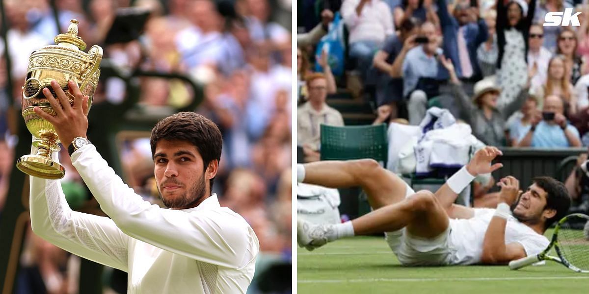 Carlos Alcaraz fell onto the grass after winning his maiden Wimbledon crown