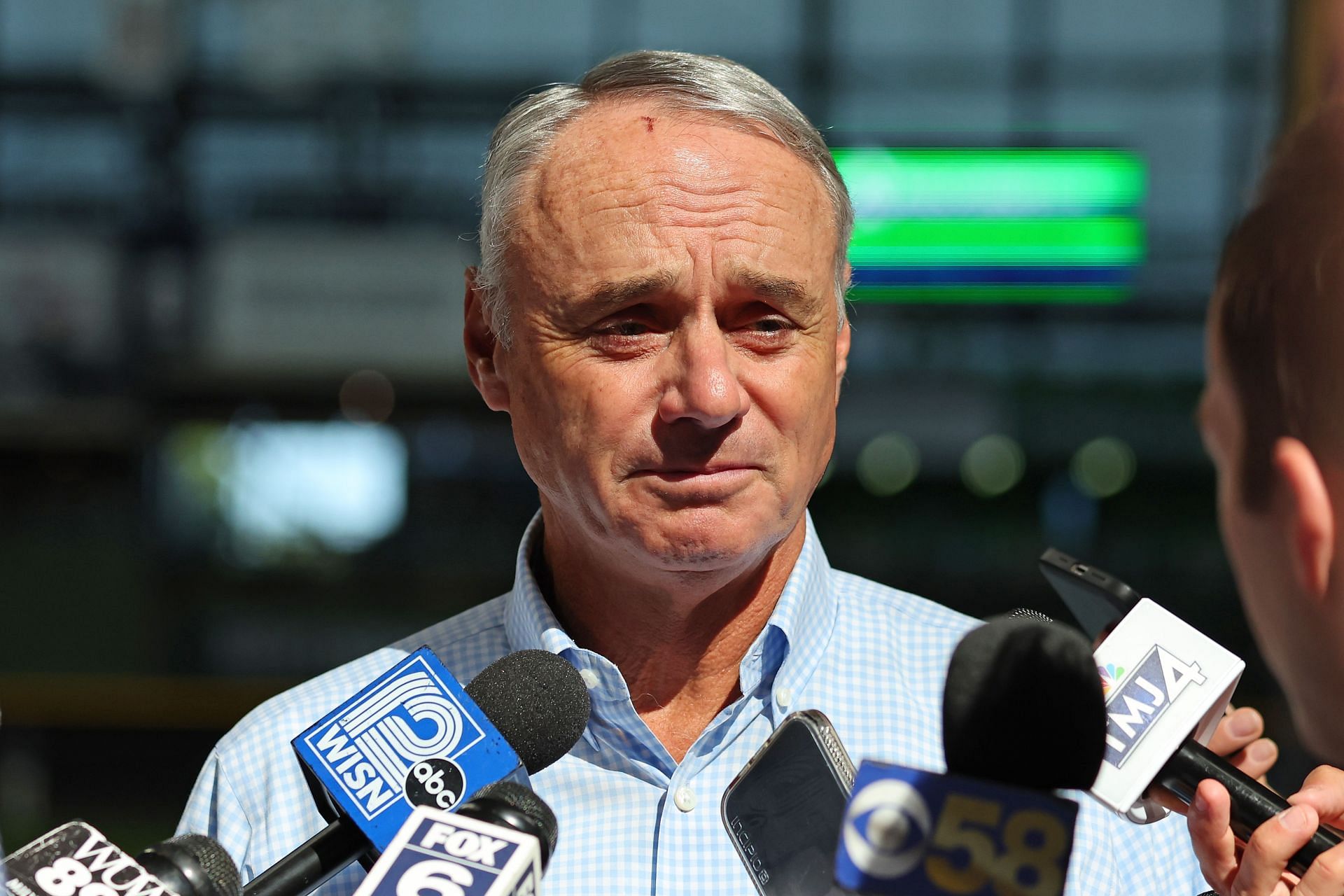 Major League Baseball Commissioner Rob Manfred speaks to the media at American Family Field