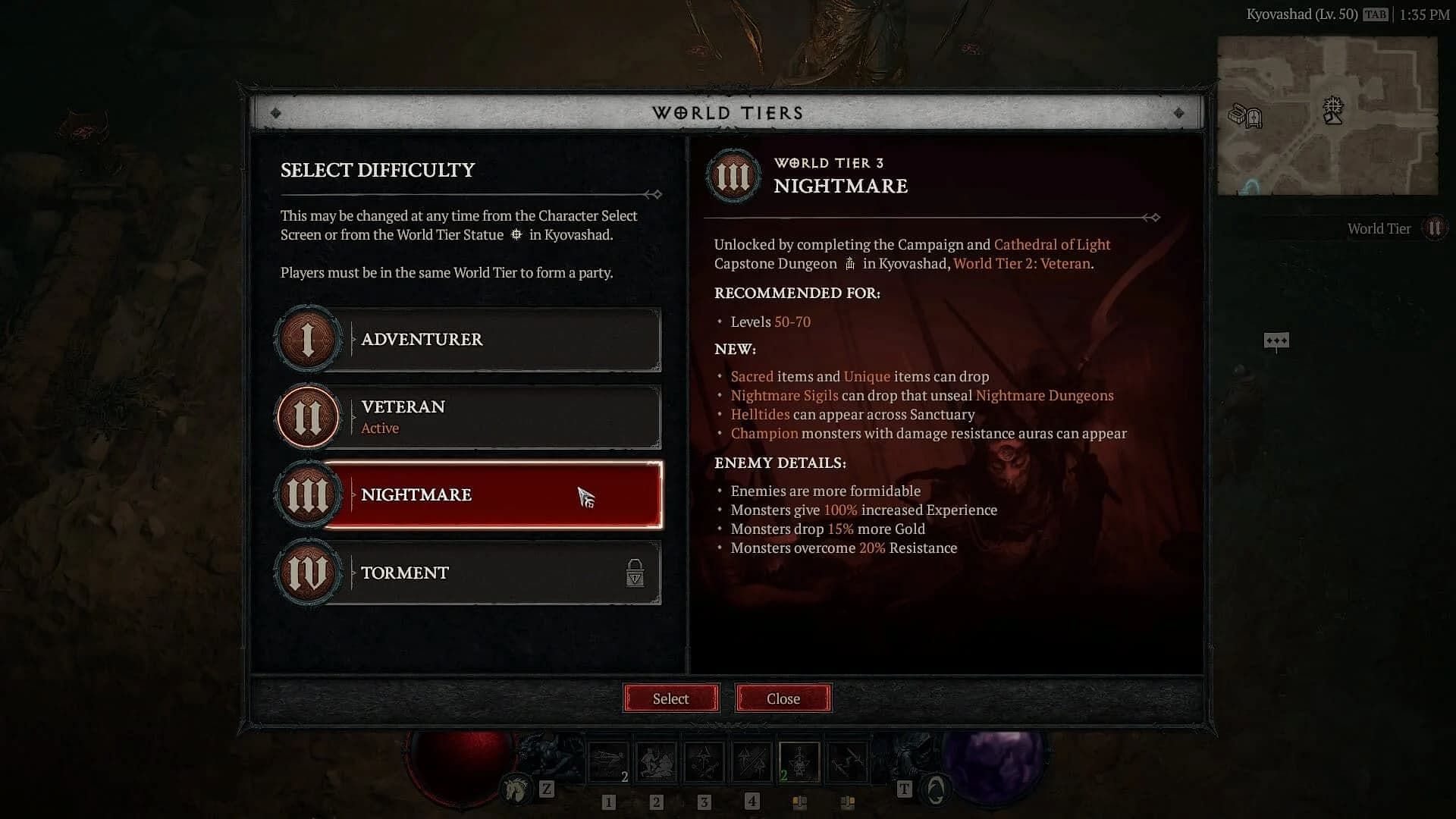 Choose World Tier 1 for easy Renown farming (Image via Blizzard Entertainment)