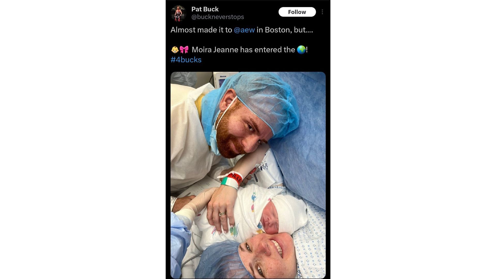 Pat Buck welcomes his newborn baby girl.