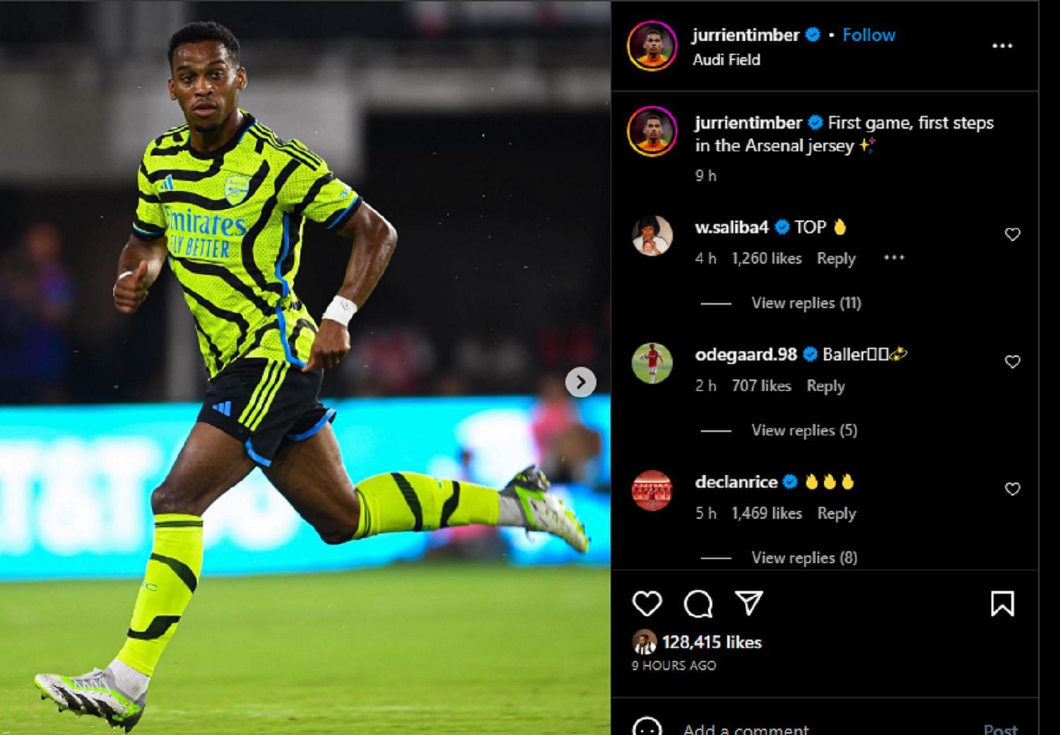 Arsenal players react to Jurrien Timber&#039;s post.