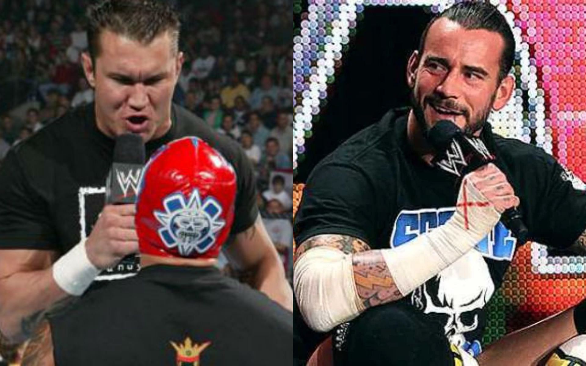 Randy Orton and Rey Mysterio (L); CM Punk pipebomb promo (R).