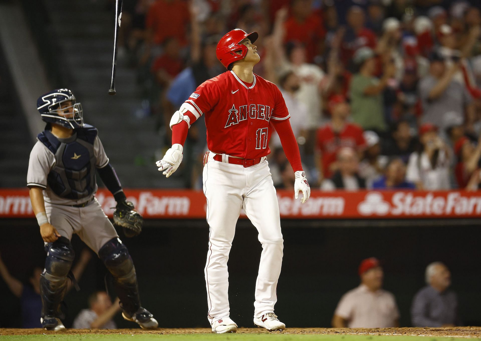Shohei Ohtani of the Los Angeles Angels after hitting a home run against the New York Yankees at Angel Stadium of Anaheim