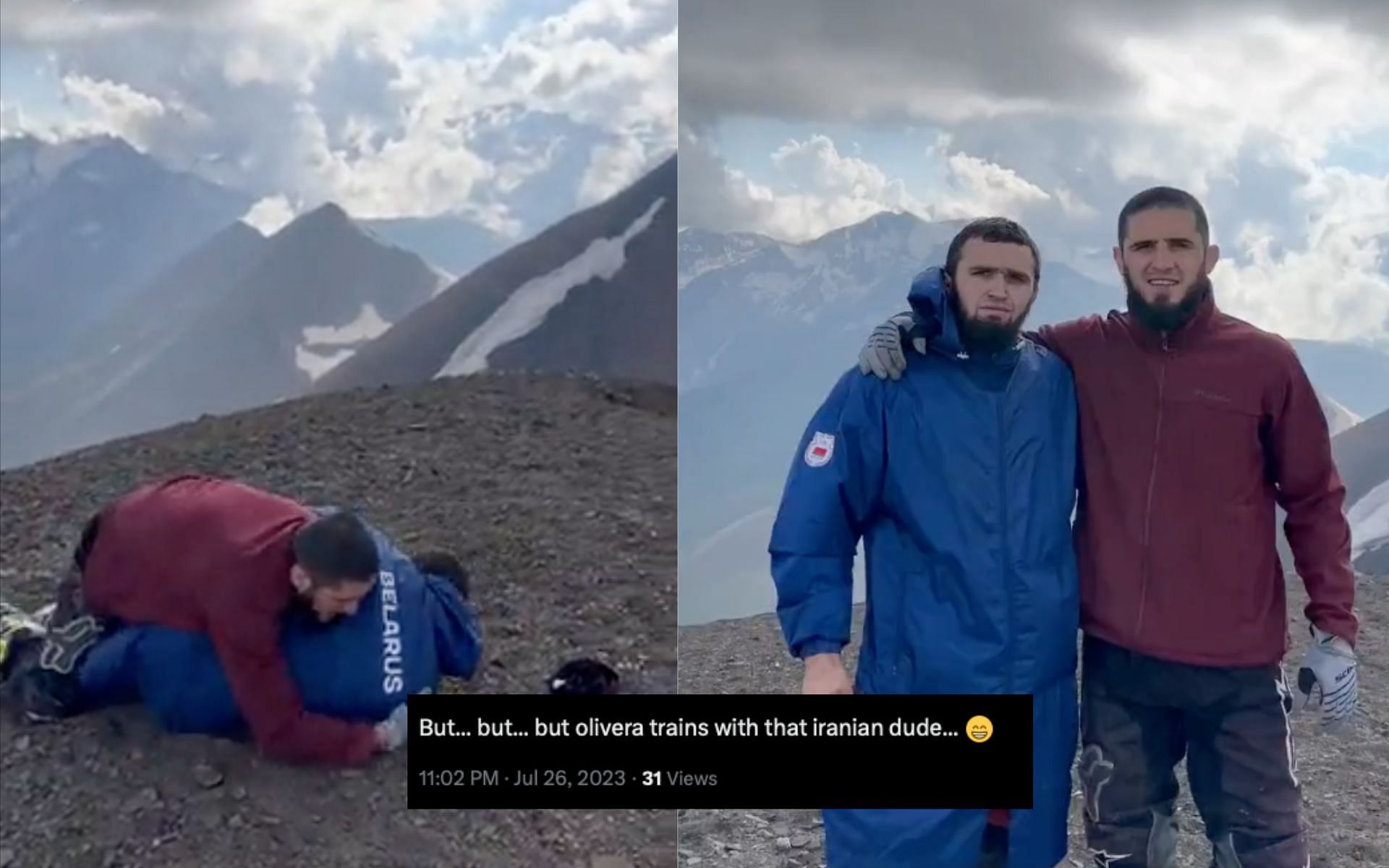 Islam Makachev on a mountaintop alongside Iranian olypmic wrestler (Image Courtesy - @stiopic_ on Twitter)