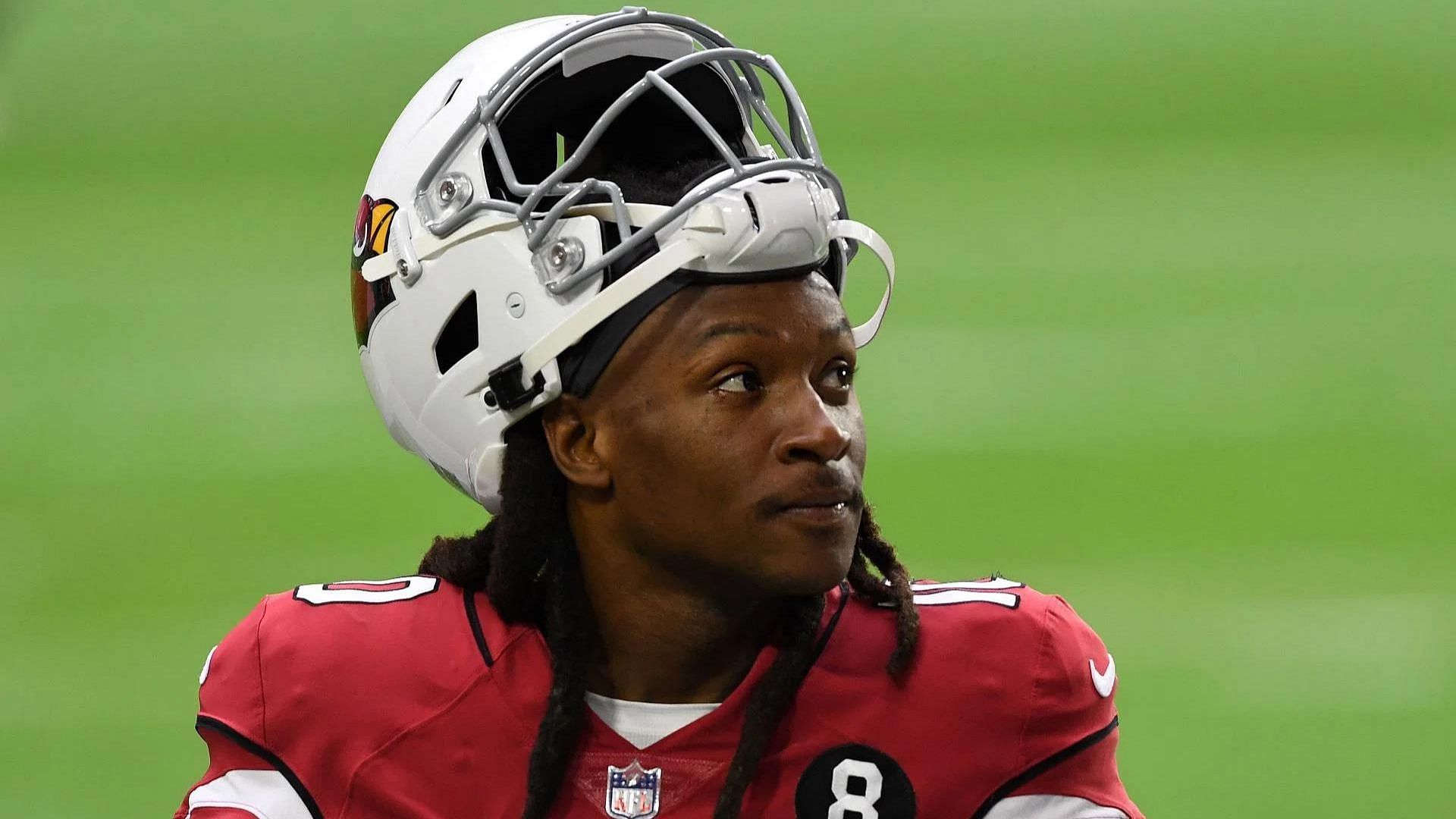DeAndre Hopkins #10 of the Arizona Cardinals looks on during warmups before the game against the Miami Dolphins at State Farm Stadium on November 08, 2020 in Glendale, Arizona.