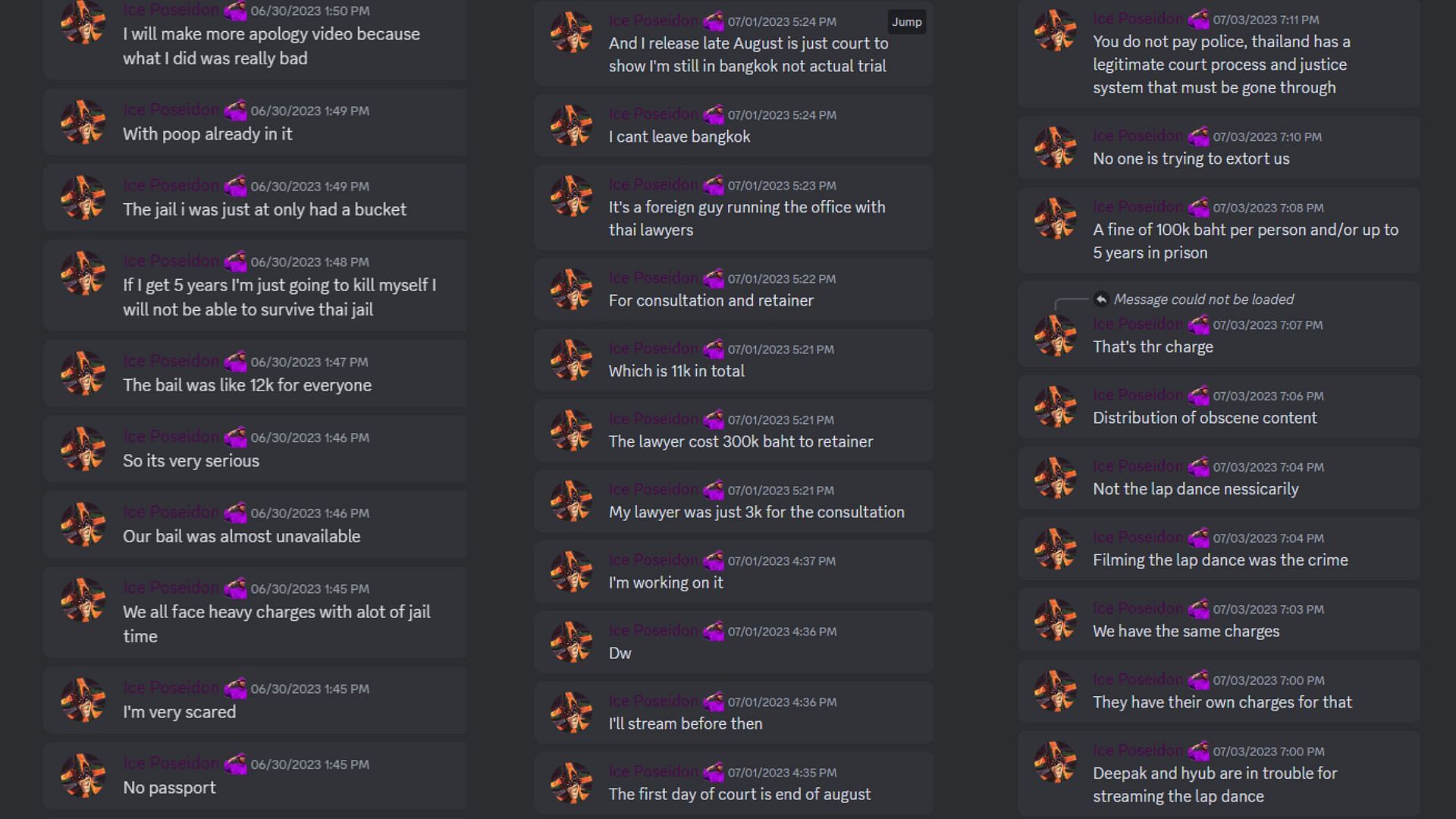 Compilation of some of the relevant Discord messages from the streamer (Image via Purple Army/Discord)