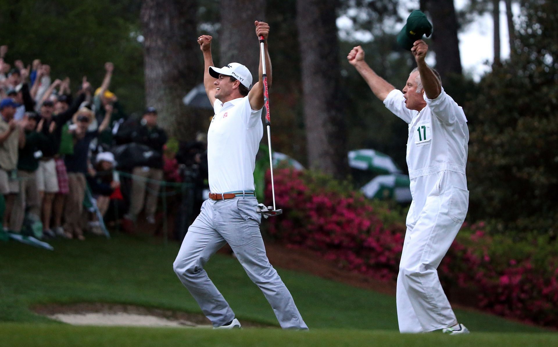 Adam Scott celebrates after his birdie putt on the second playoff hole, which saw him win the Green Jacket, during the final round of the 2013 Masters