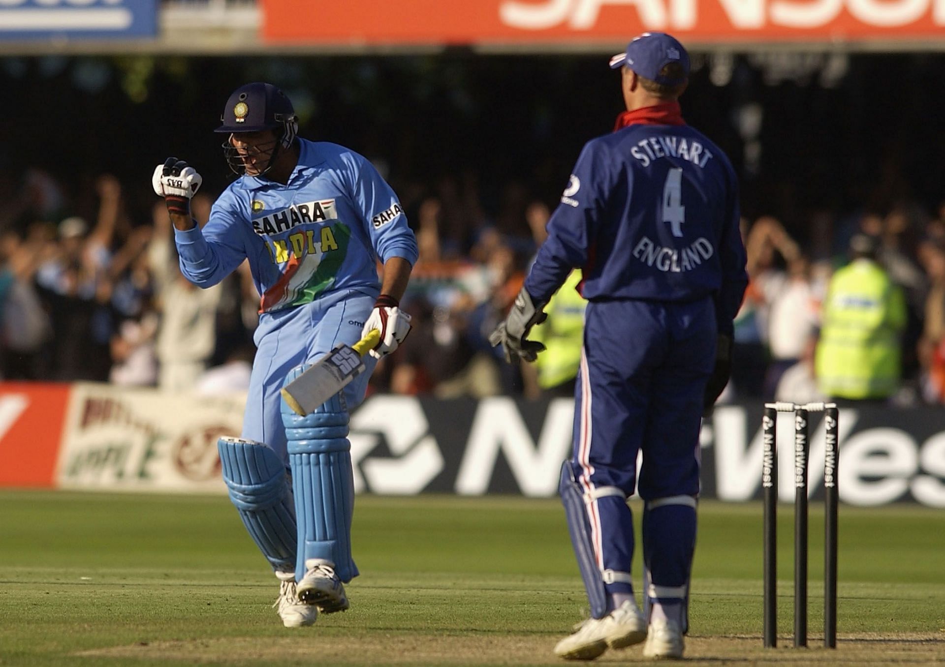 Zaheer Khan celebrates his team&rsquo;s victory in the 2002 Natwest final. (Pic: Getty Images)