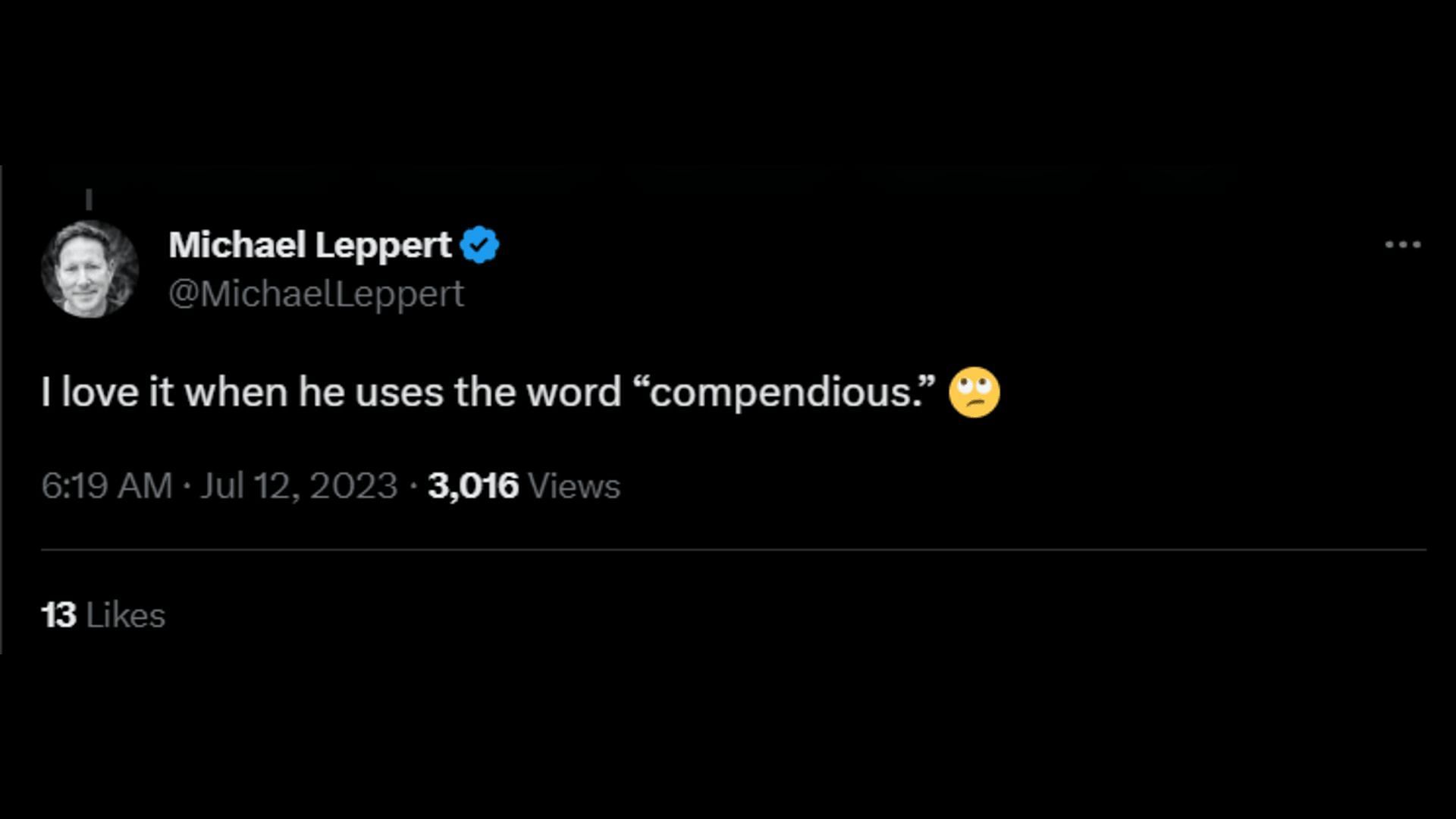 A netizen mocks Tate for using the word &quot;compendious.&quot; (Image via Twitter/Michael Leppert)