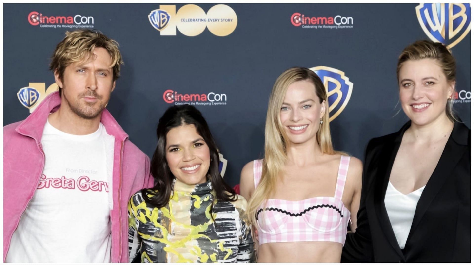 Ryan Gosling, America Ferrera, Margot Robbie and Greta Gerwig posing at the red carpet during CinemaCon. (Image via Greg Doherty/ Getty Images)