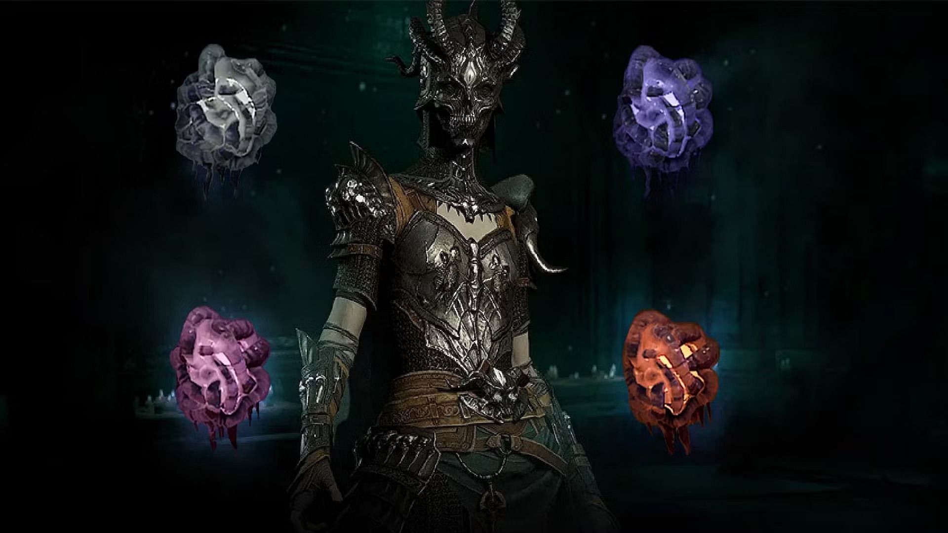 A character in Diablo 4 along with the four Malignant Hearts.