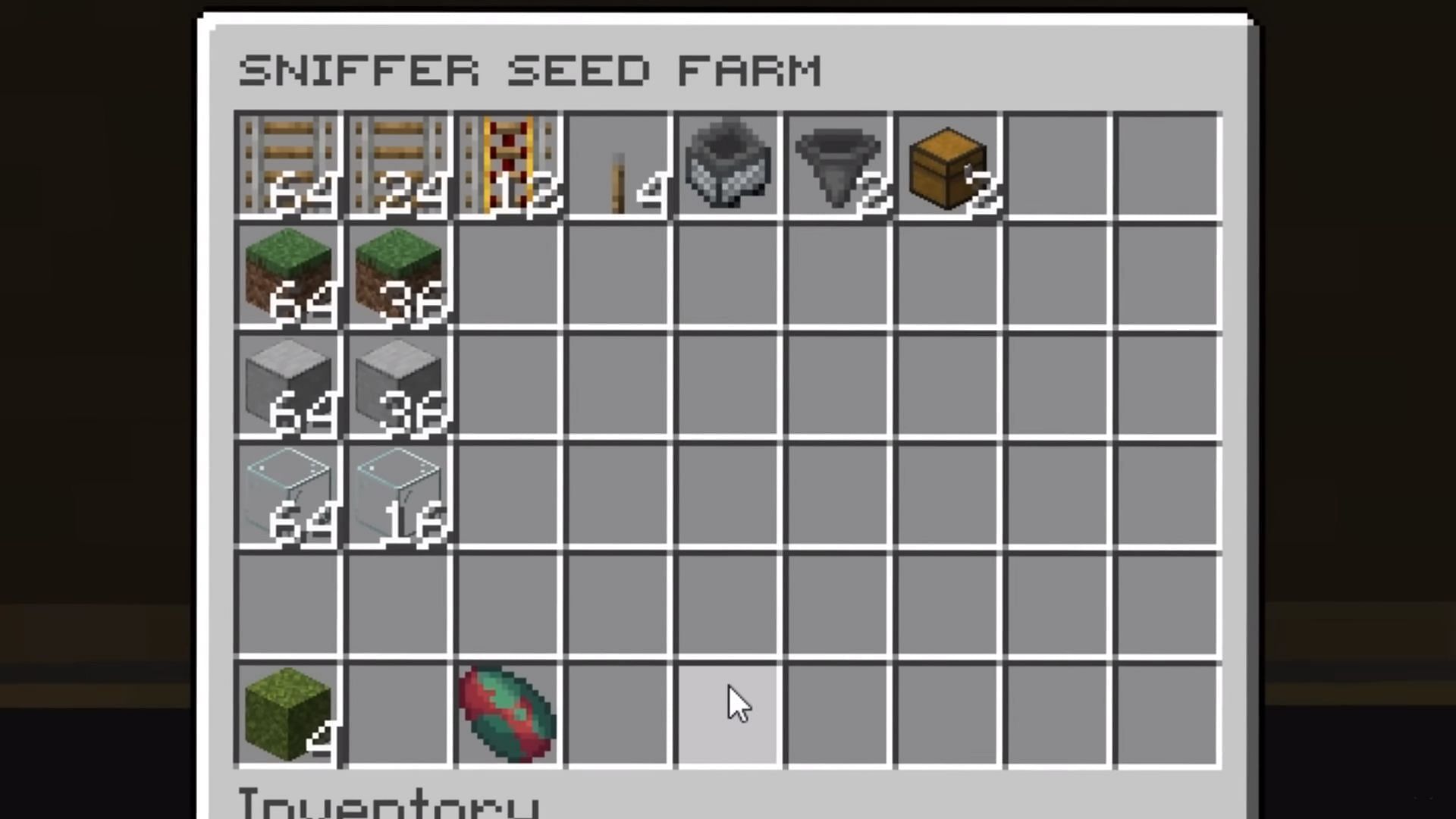 Items needed to create a Sniffer farm in Minecraft (Image via YouTube/wattles)