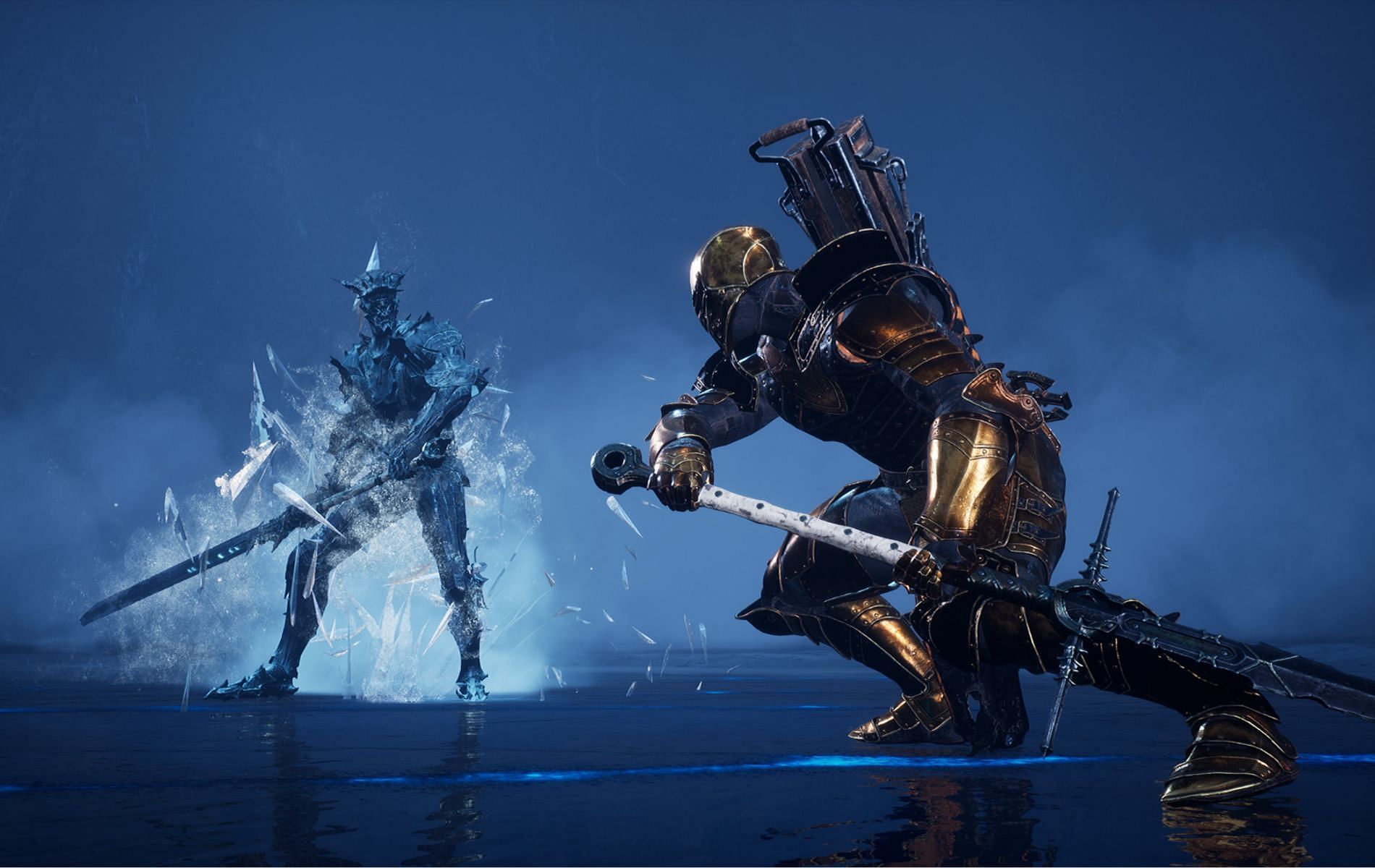 Promotional screenshot for Mortal Shell depicting combat against a boss