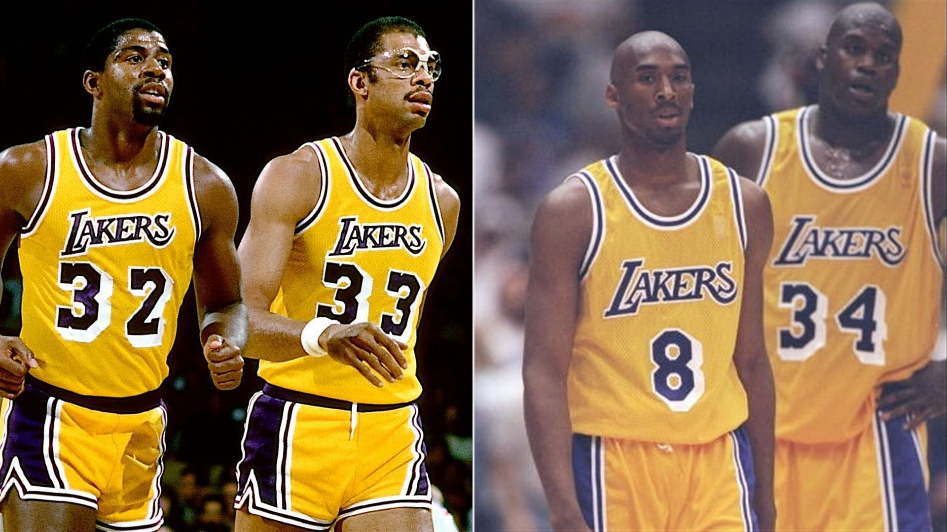LA Lakers legends Magic Johnson, Kareem Abdul-Jabbar, Kobe Bryant and Shaquille O&#039;Neal