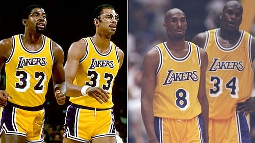 LA Lakers legends Magic Johnson, Kareem Abdul-Jabbar, Kobe Bryant and Shaquille O'Neal