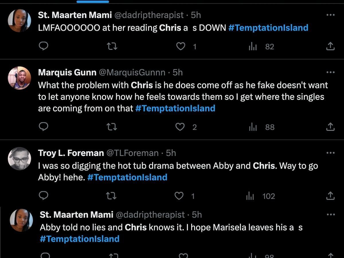 Fans praise Abby for calling Chris out (Image via Twitter/#temptationisland)