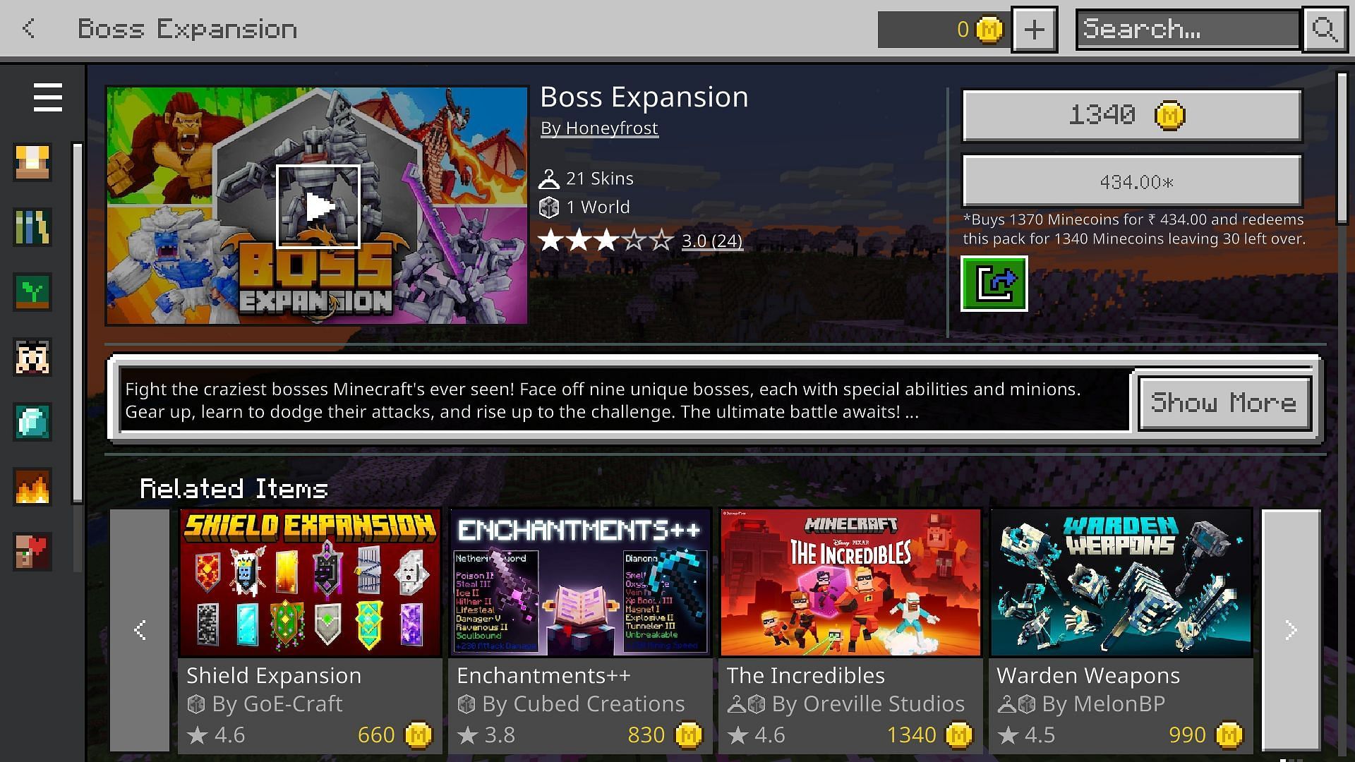 Boss Expansions on the Minecraft Bedrock Edition marketplace (Image via Mojang)