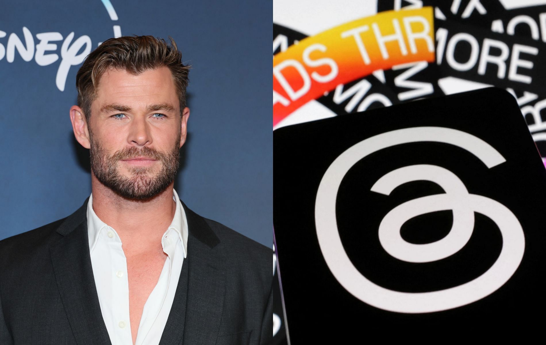 Collage image featuring popular actor Chris Hemsworth and the Threads app official logo