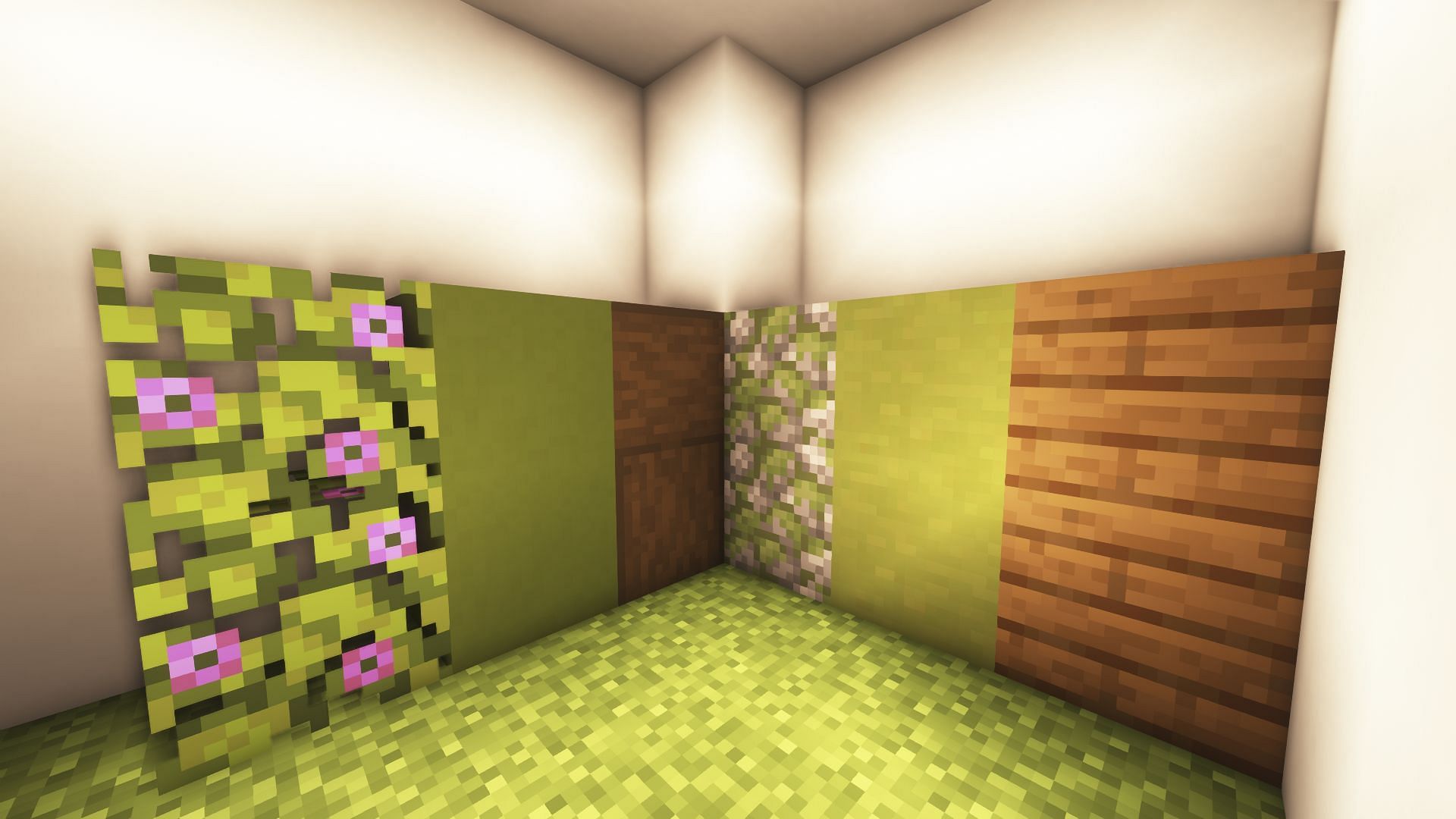 This block palette consists of green and wood blocks in Minecraft (Image via Mojang)